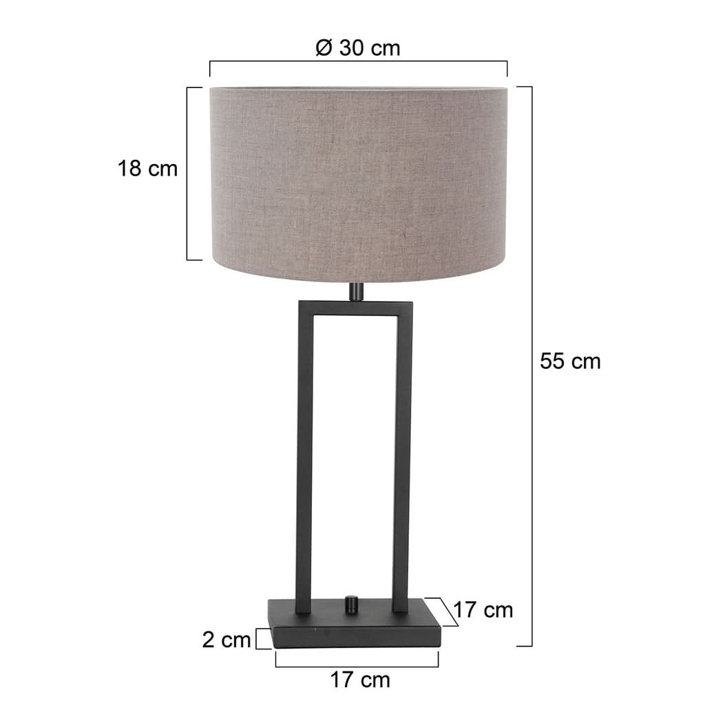 Schéma coté de la lampe : hauteur 55 cm, abat-jour 30 cm, socle 17 cm