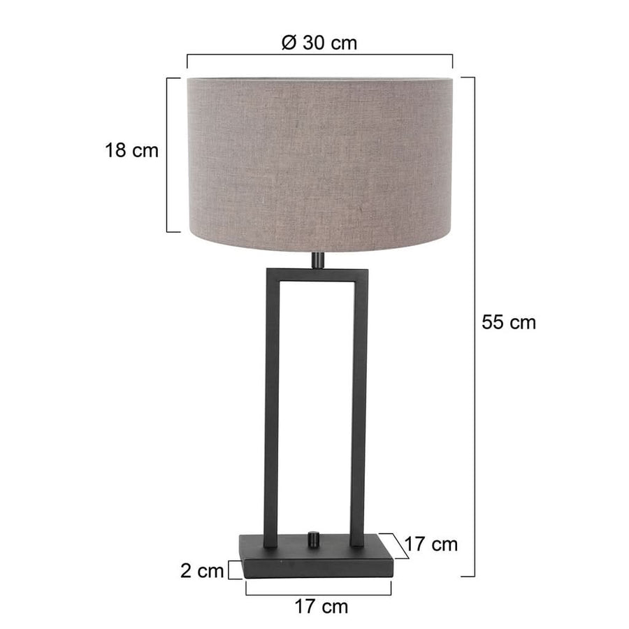 Schéma coté de la lampe : hauteur 55 cm, abat-jour 30 cm, socle 17 cm
