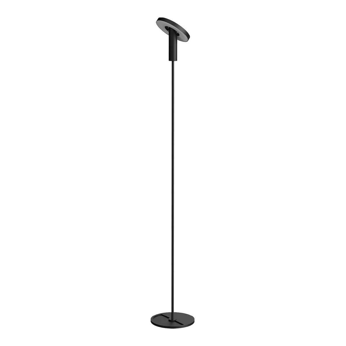 Vue en biais du lampadaire montrant l'inclinaison du disque et son socle plat.