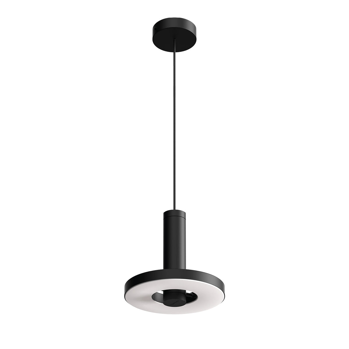 Vue plongeante sur le bas du luminaire montrant la bague noire et le diffuseur LED.