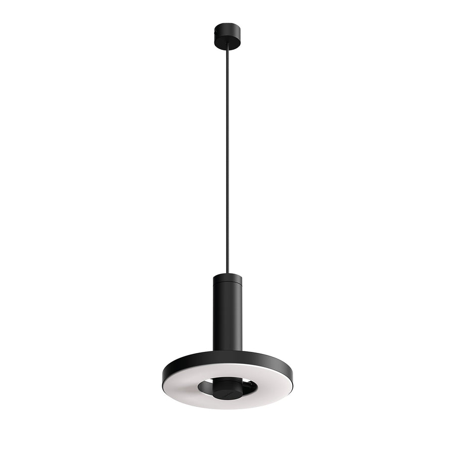 Vue de face du luminaire suspendu noir, diffuseur rond et fixation plafond