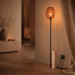Lampadaire Echos, H 180 cm, pied en travertin, monture noire