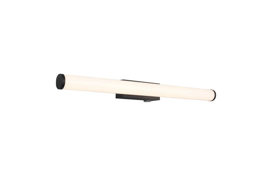Applique murale vue de face, long tube lumineux blanc avec embouts noirs