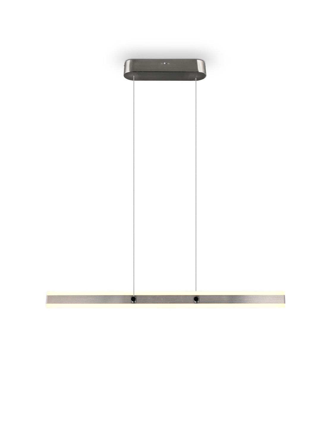Vue de face du luminaire suspendu, câbles fins et barre horizontale nickel