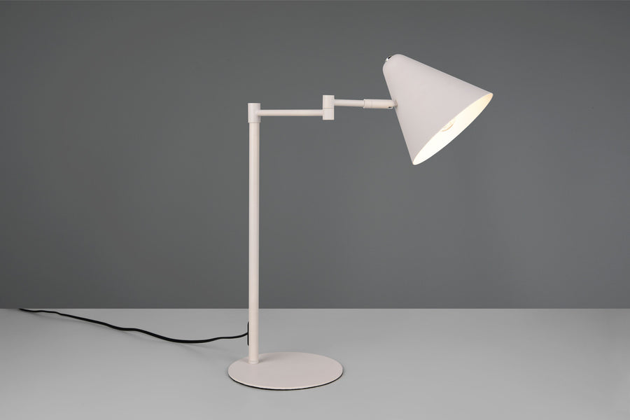 Même lampe blanche présentée sur fond gris, vue de côté en situation studio