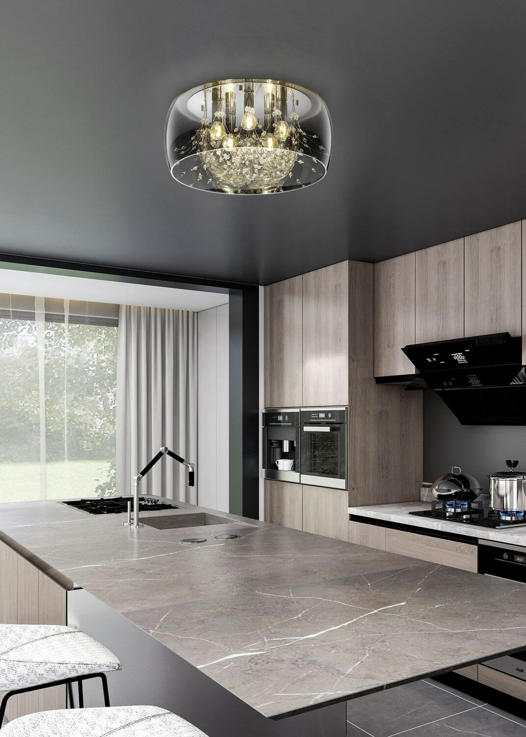 Plafonnier installé au plafond dans une cuisine moderne en ambiance