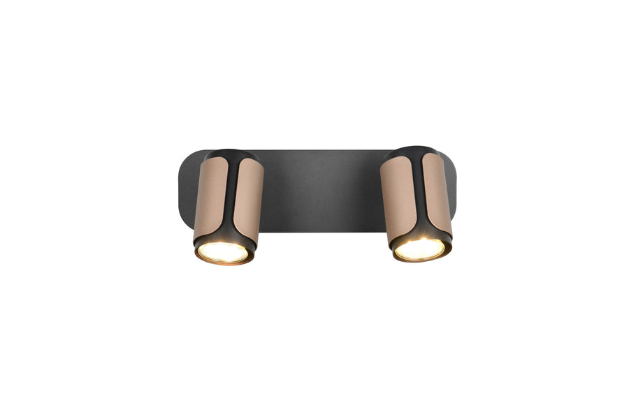 Vue de face du spot double, projecteurs beige orientés vers le bas, platine rectangulaire noire