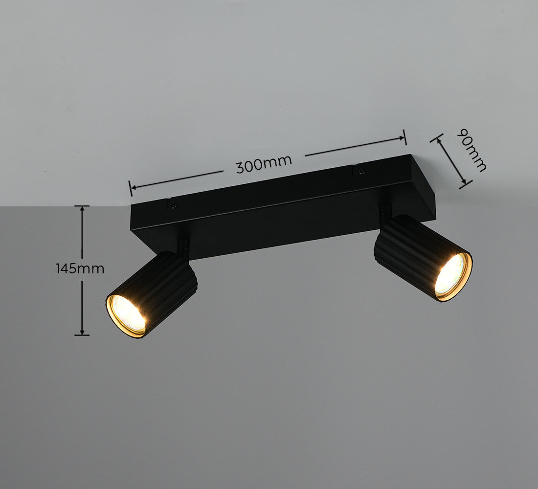 Schéma coté du spot plafond : largeur 300 mm, profondeur 90 mm, hauteur 145 mm.