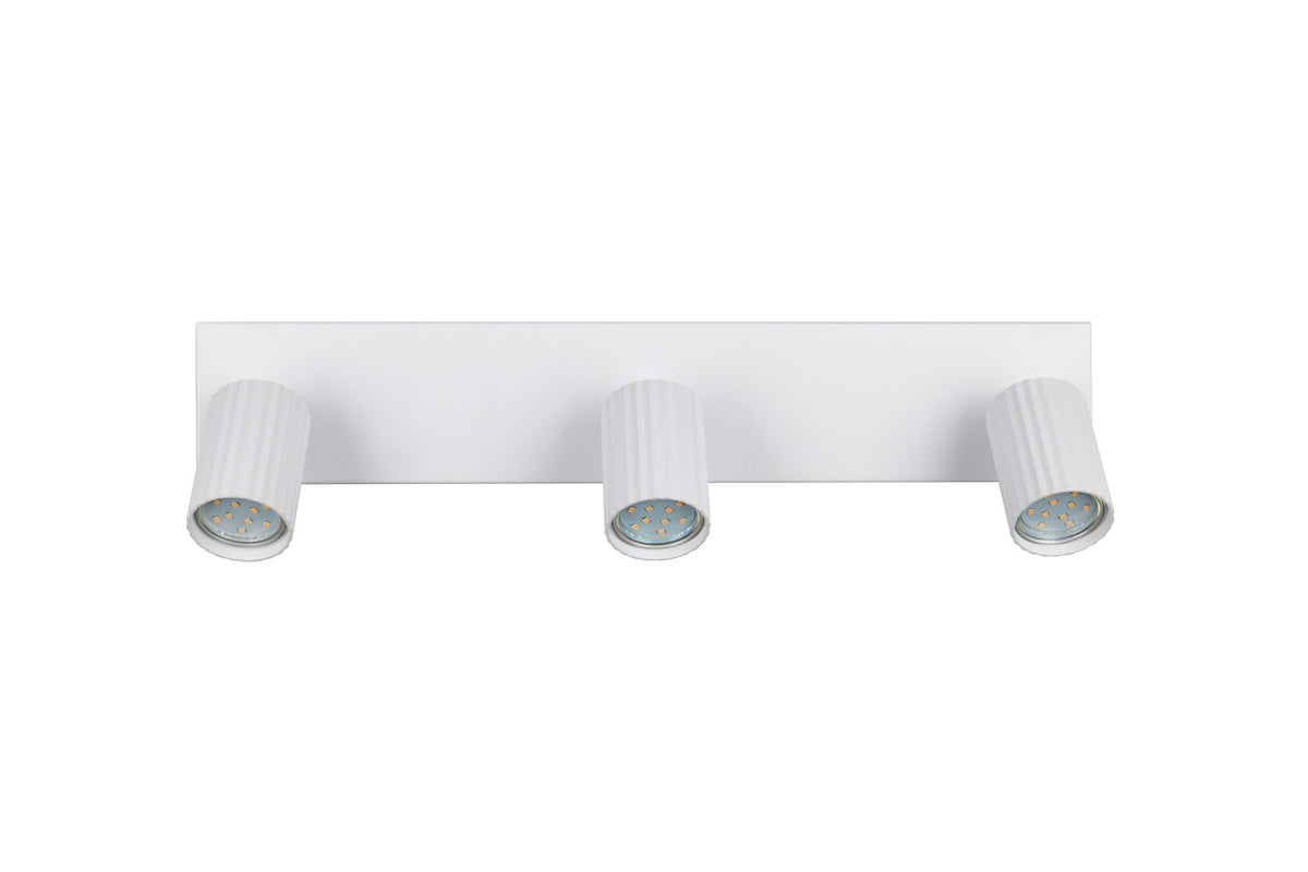 Vue de face des trois spots LED blancs, projecteurs cylindriques orientables