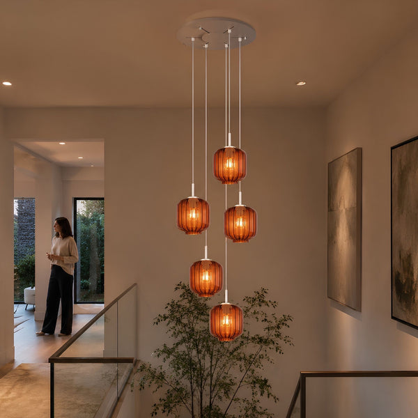 Suspension grande hauteur Velo 5 lumières, rosace Ø 60 cm, verres Ø 20 cm