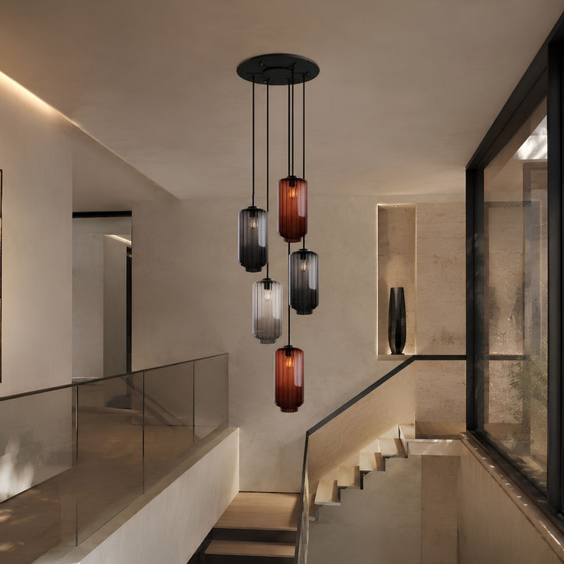 Suspension grande hauteur Velo 5 lumières, rosace Ø 60 cm, verres Ø 18 cm
