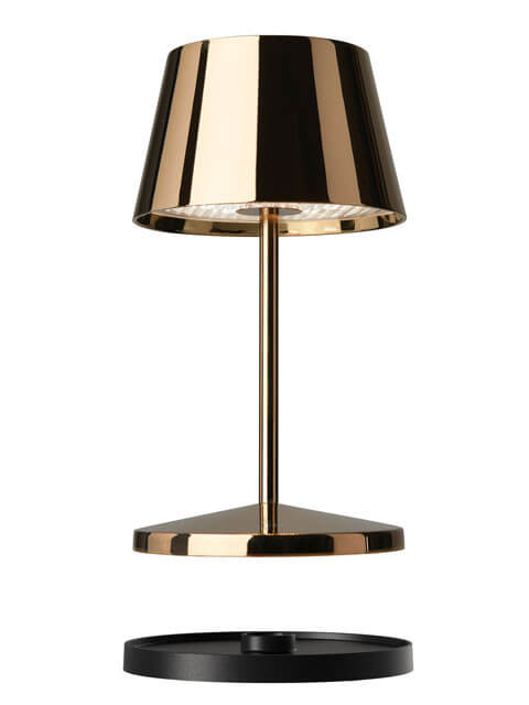 Vue éclatée de la lampe montrant le socle amovible et la finition or rose