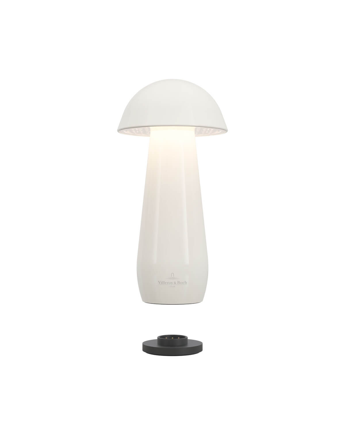 Lampe blanche légèrement au-dessus de sa base de recharge noire ronde