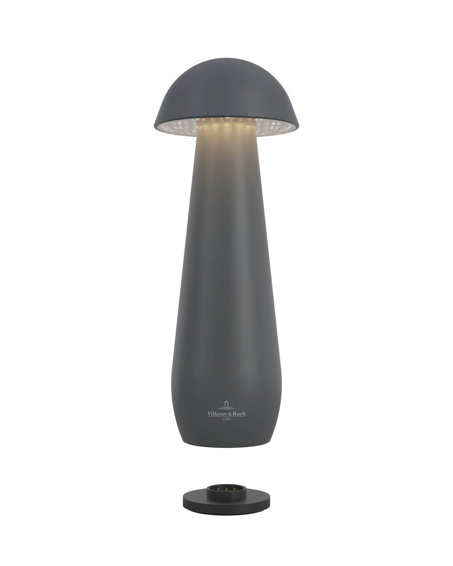 Lampe extérieure anthracite surélevée au-dessus de sa base de recharge, contacts et LED visibles.