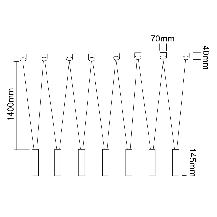 Schéma coté de la suspension : hauteur 1400 mm, cylindre 145 mm, rosace 70 mm.