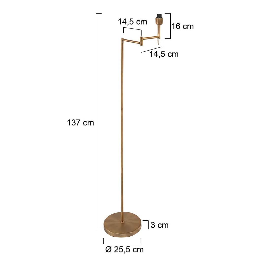Dimensions du lampadaire Bella : hauteur 137 cm, base Ø 25,5 cm, bras 14,5 + 16 cm