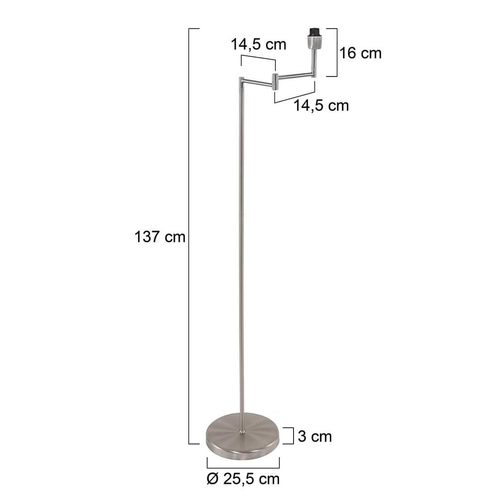 Dimensions du lampadaire Bella : hauteur 137 cm, base Ø 25,5 cm, bras 14,5 + 16 cm