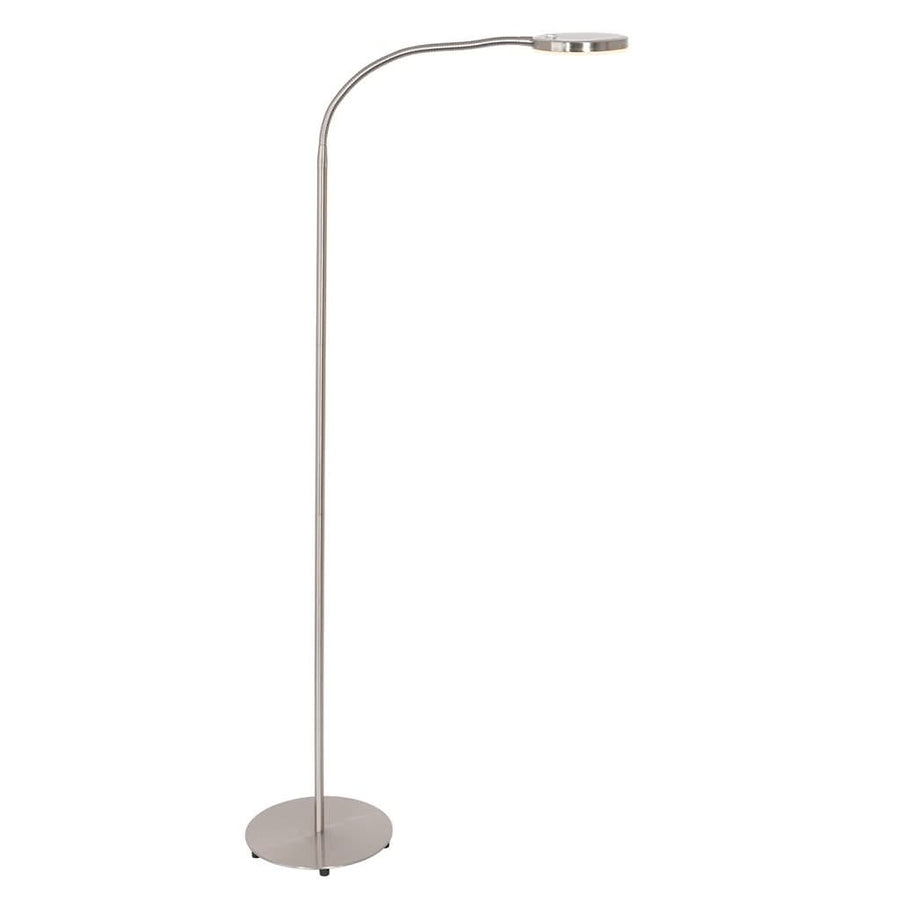 Vue en pied du luminaire sur fond blanc, col incurvé et base circulaire plate.