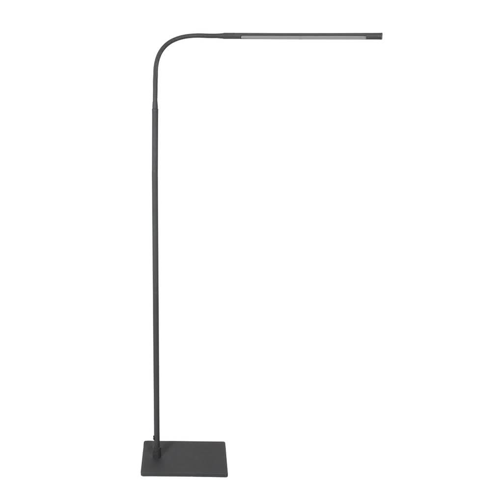 Vue de face de la lampe noire avec diffuseur LED allumé sous la tête.