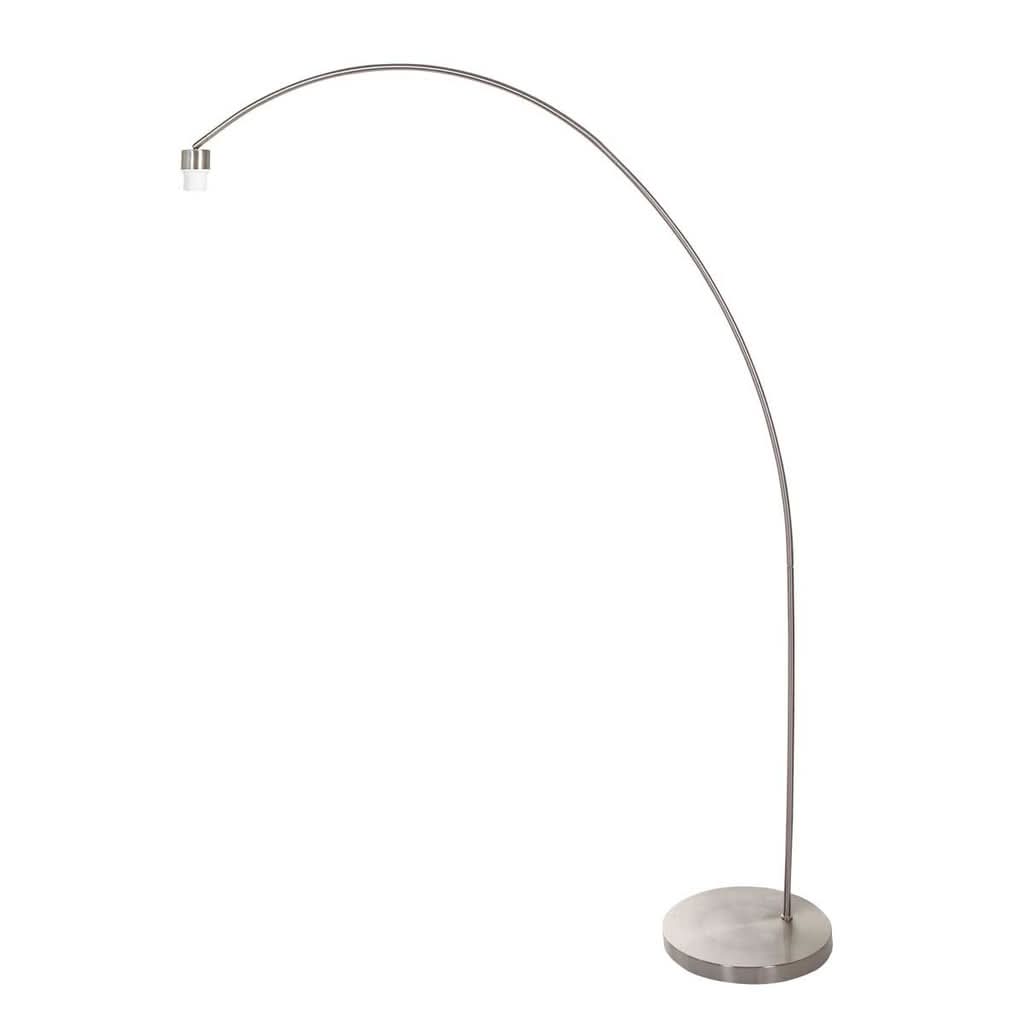 Lampadaire arc en acier brossé Solva vu de profil, grand bras déporté pour le salon