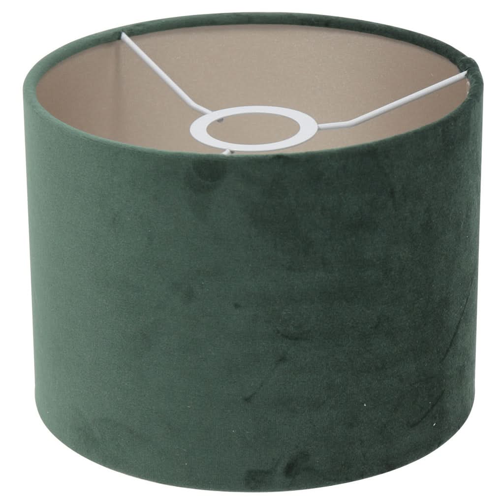 Abat-jour cylindrique en velours vert vu de dessous avec doublure intérieure claire