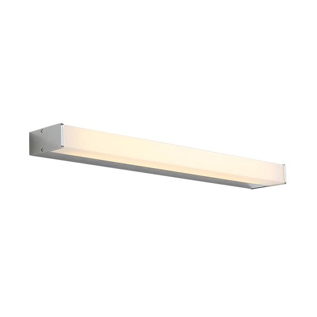 Gros plan sur le profil chromé et le long diffuseur opale du luminaire