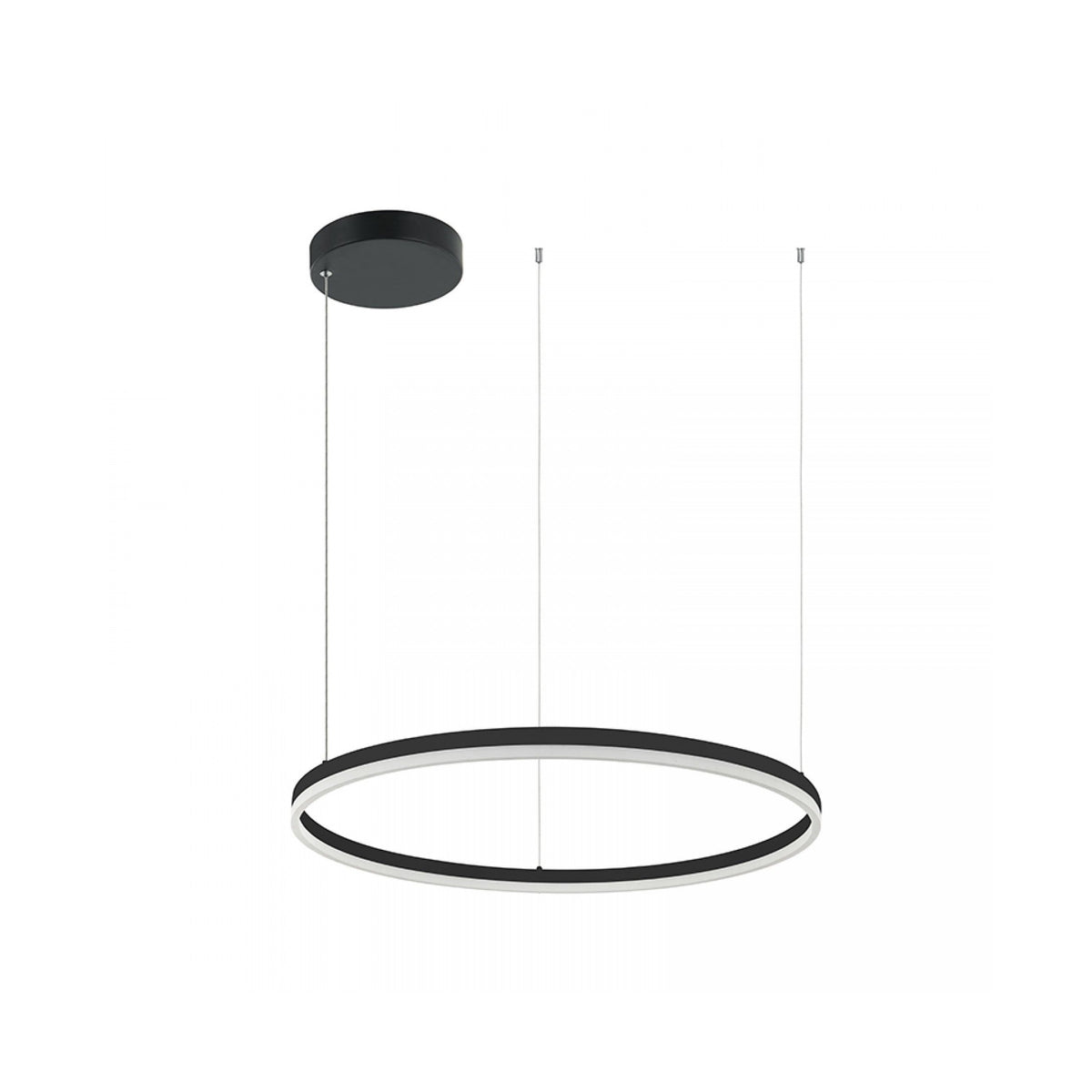 Anneau noir mat suspendu, diffuseur blanc périphérique visible de trois quarts