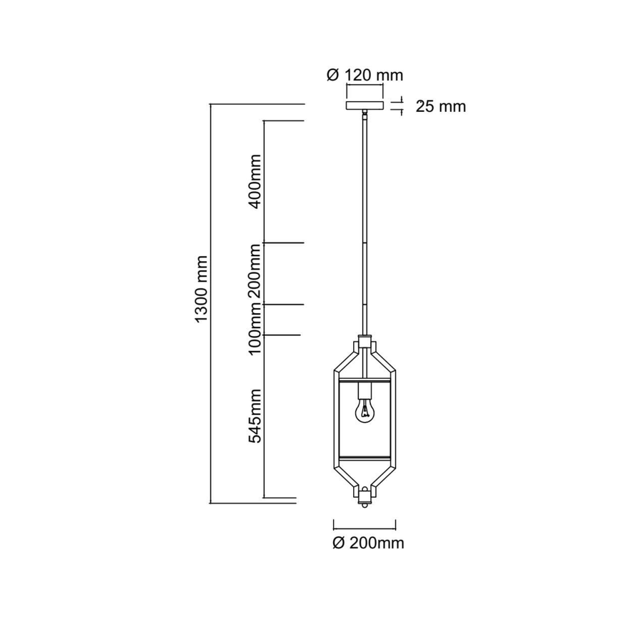 Schéma technique coté : hauteur totale 1300 mm, diamètre 200 mm, rosace 120 mm.